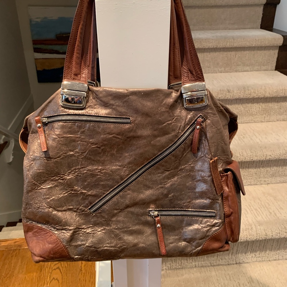 Pauric Sweeney Soft Brown Leather Buckles and Zippers Shoulder Bag
